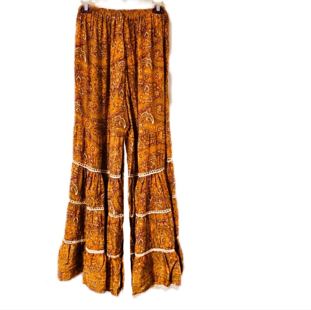 KARMA Hwy Bell Bottom Ruffle Hem Pant Tan/ Orange NWT OS